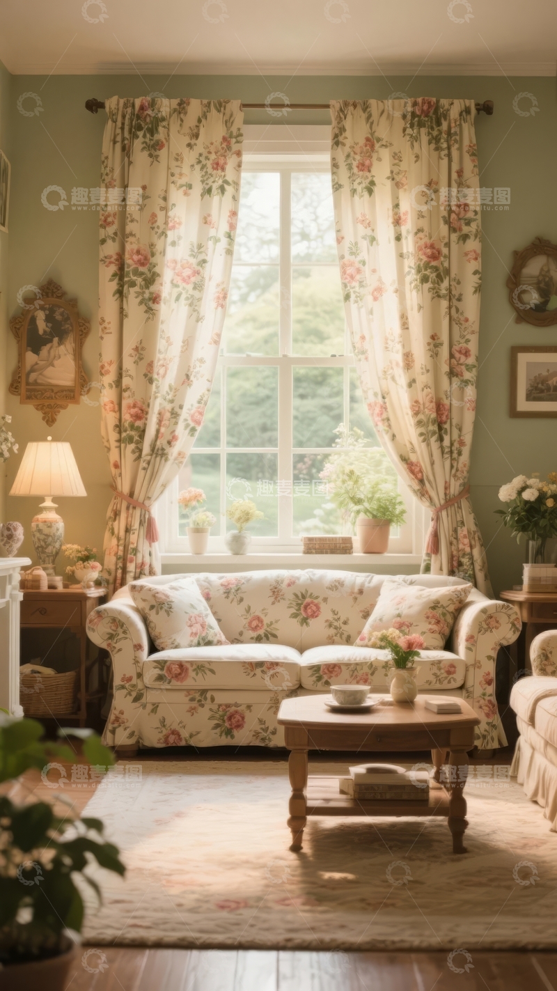 高清大图下载【趣麦麦图】温馨客厅内花卉窗帘与古典家具相映成趣