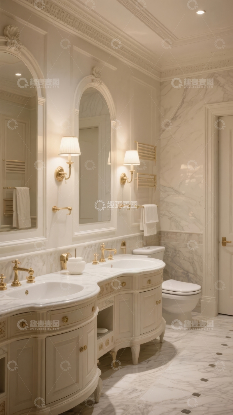 高清大图下载【趣麦麦图】豪华白色浴室配备双洗手池和大理石装饰