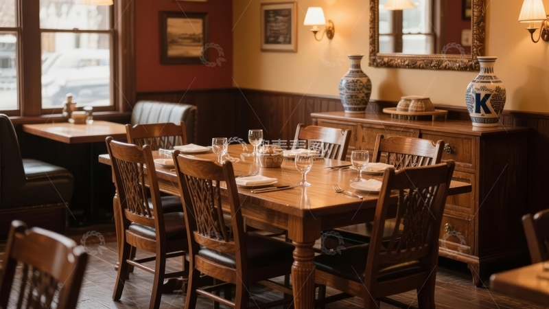 高清大图下载【趣麦麦图】复古风格餐厅内景木质桌椅与装饰品
