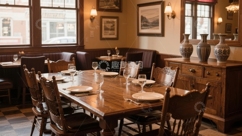 高清大图下载【趣麦麦图】典雅餐厅内景木质桌椅布置精致餐具摆放整齐