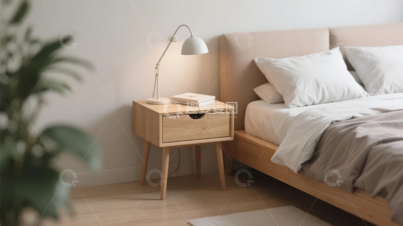 高清大图下载【趣麦麦图】现代简约风格卧室床头柜与温馨床铺