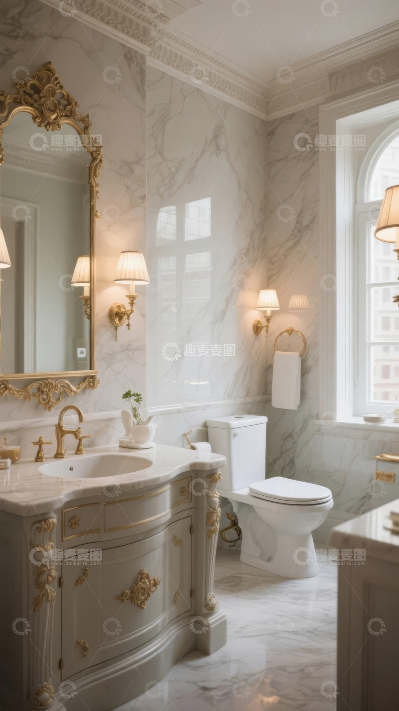 高清大图下载【趣麦麦图】豪华大理石浴室装饰典雅镜子与浴缸