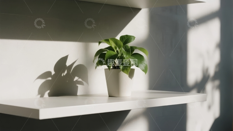 高清大图下载【趣麦麦图】白色花盆中的绿植在光影交错的室内环境中