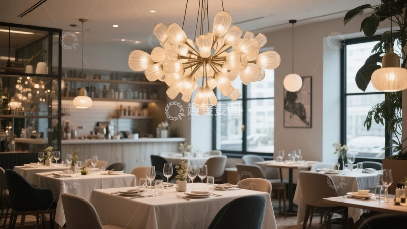 高清大图下载【趣麦麦图】现代餐厅内部装潢优雅餐桌整齐排列