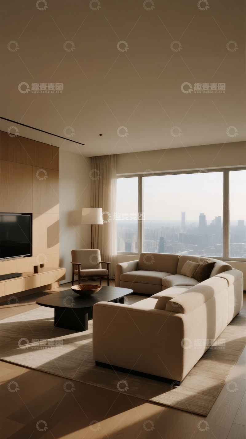 高清大图下载【趣麦麦图】现代客厅景观窗边沙发与简约家具布置