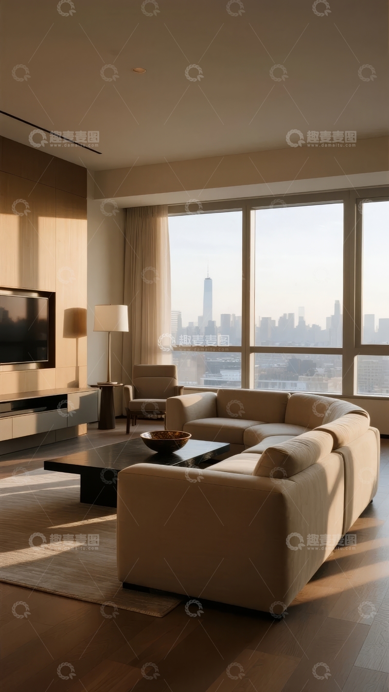 高清大图下载【趣麦麦图】现代客厅视角窗外城市天际线