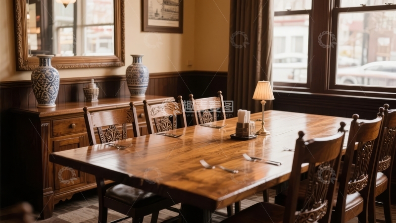 高清大图下载【趣麦麦图】典雅木质餐桌椅与装饰花瓶的室内用餐场景