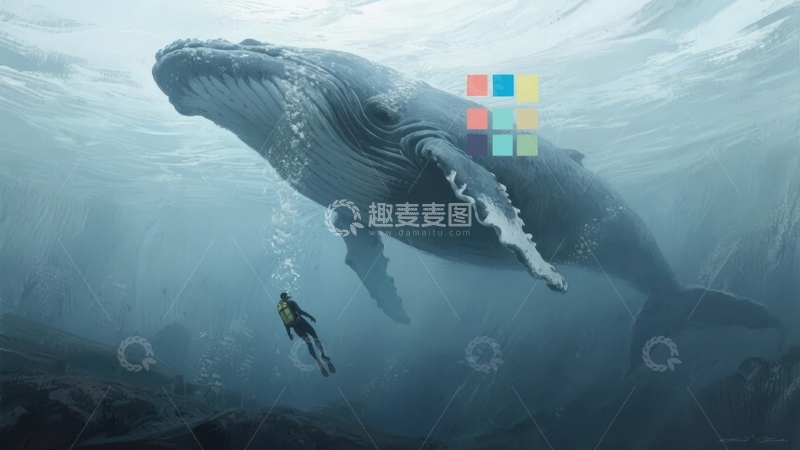 高清大图下载【趣麦麦图】潜水员与座头鲸在深海中相遇的场景