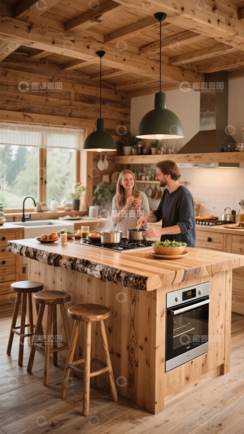 高清大图下载【趣麦麦图】木质厨房中两人正在烹饪互动