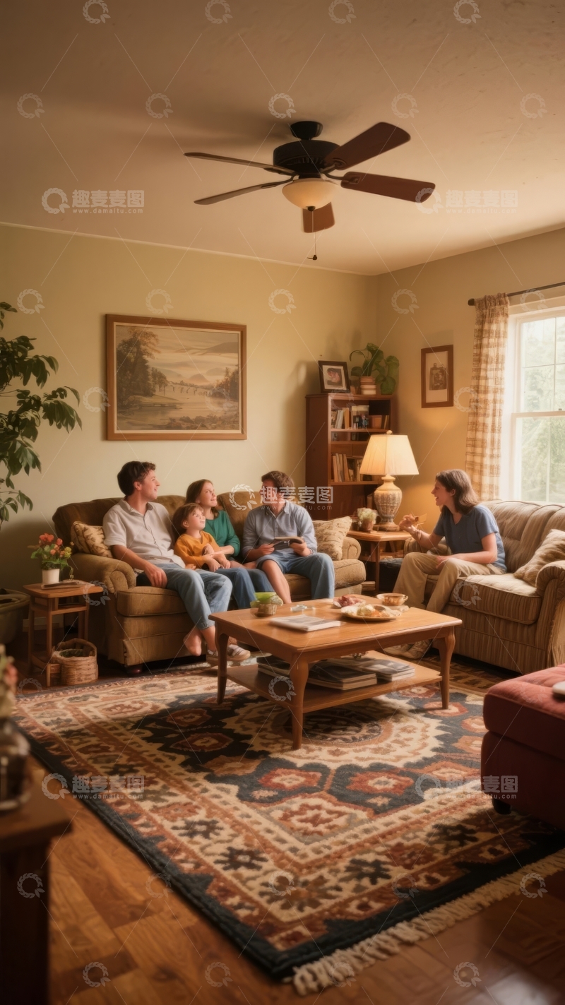 高清大图下载【趣麦麦图】四人在温馨客厅沙发上交谈享受家庭时光