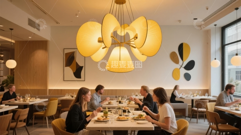 高清大图下载【趣麦麦图】餐厅内多人用餐场景现代吊灯装饰墙面艺术画