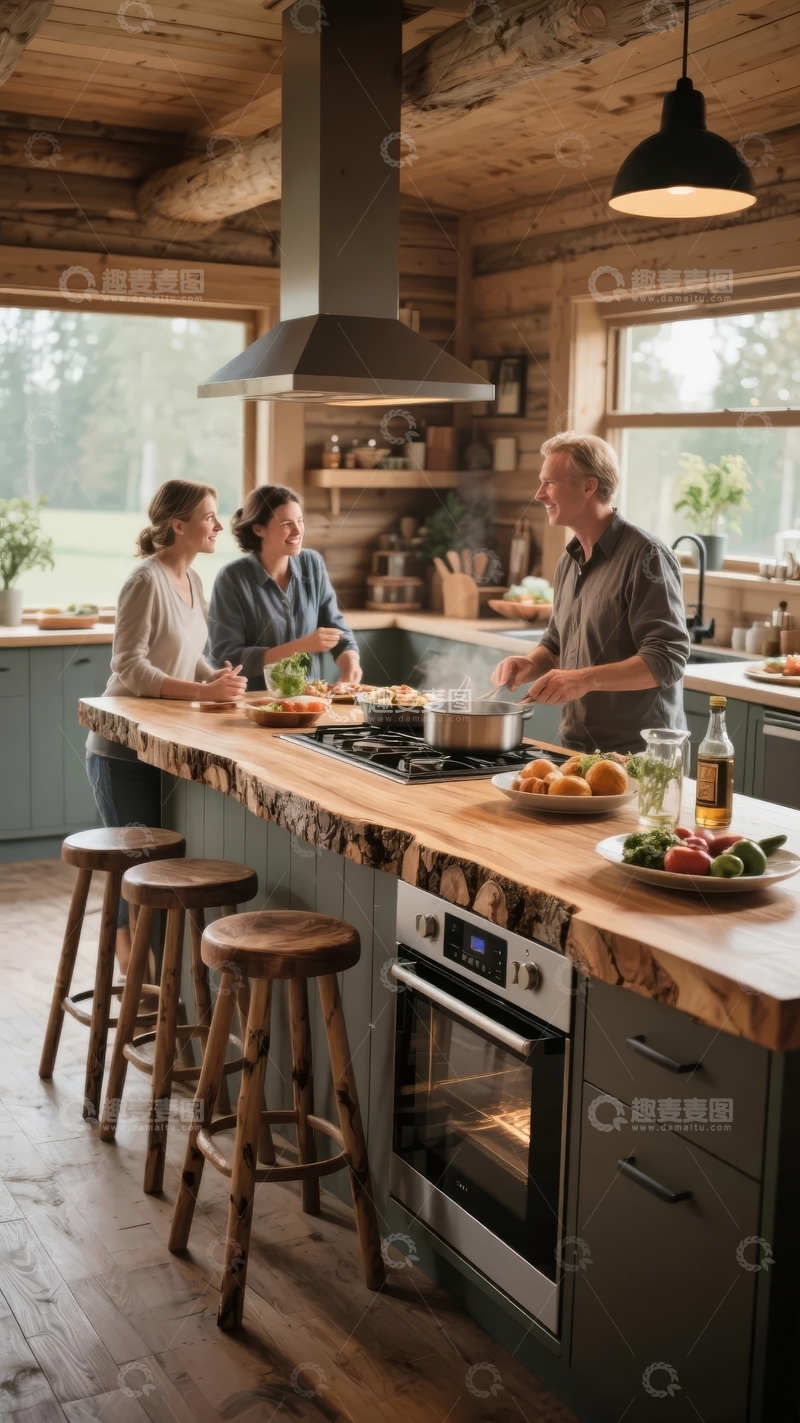 高清大图下载【趣麦麦图】三人温馨厨房共进餐食场景
