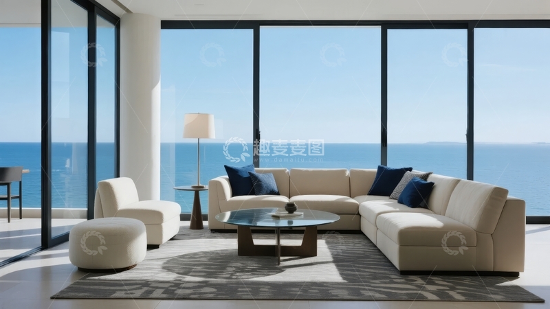 高清大图下载【趣麦麦图】现代客厅临海景观沙发茶几地毯