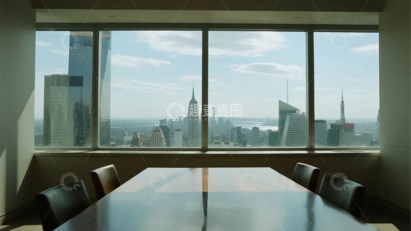高清大图下载【趣麦麦图】办公室会议桌窗外纽约城市天际线景观