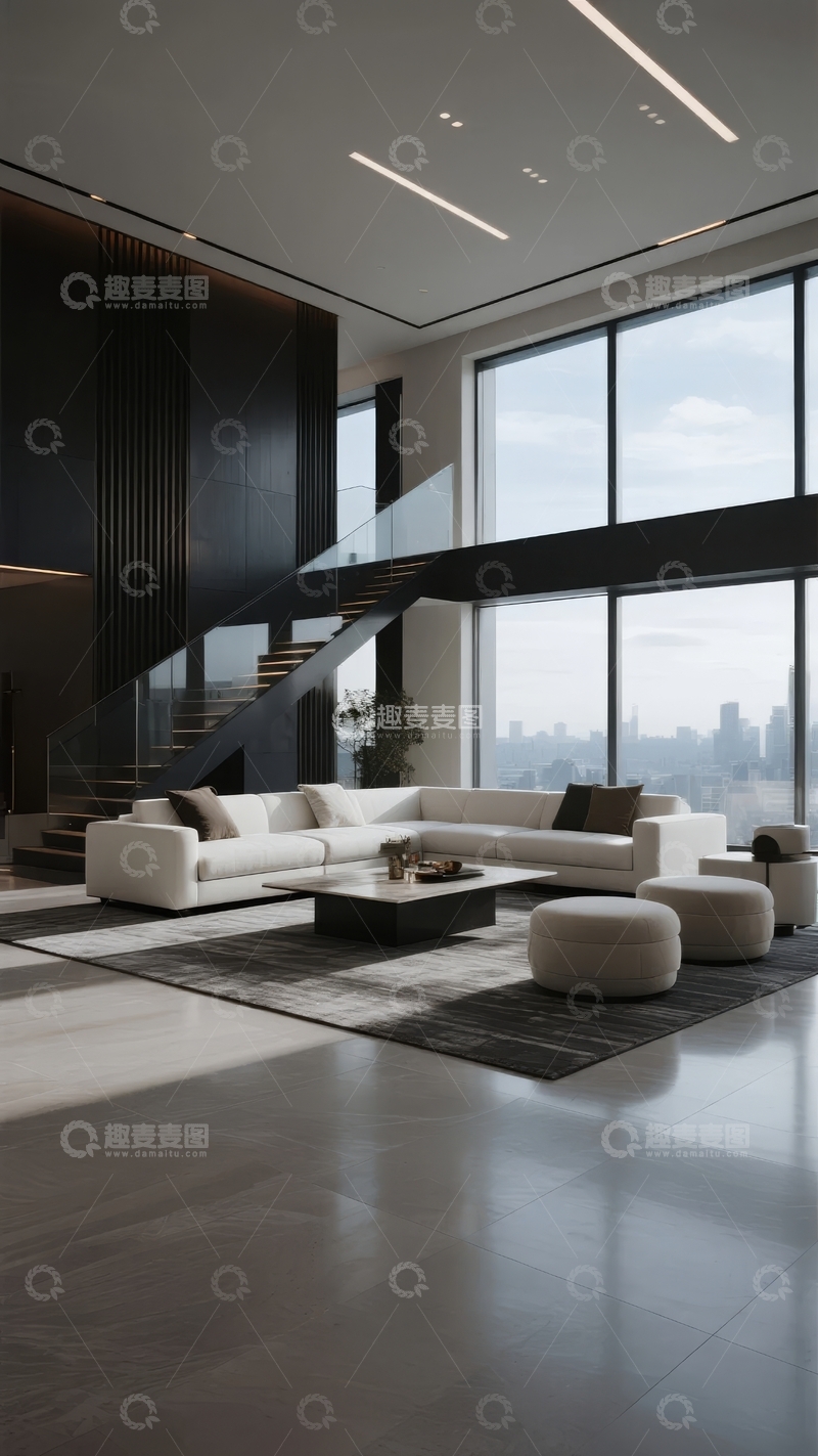 高清大图下载【趣麦麦图】现代豪华客厅设计拥有大面积落地窗和开放式楼梯