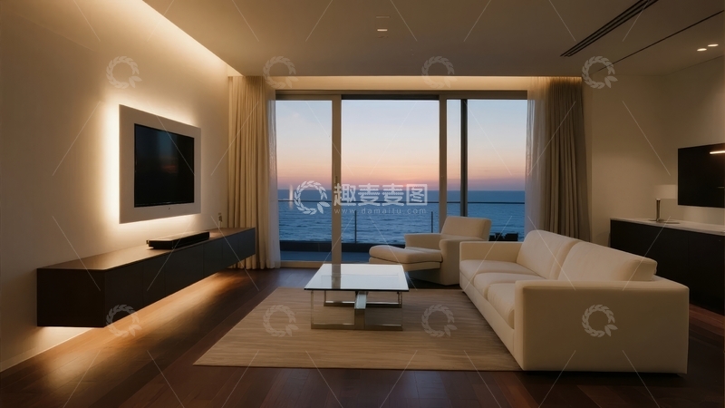 高清大图下载【趣麦麦图】现代客厅设计窗外夕阳美景