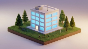 发光建筑模型置于绿草地与松树环绕的场景中