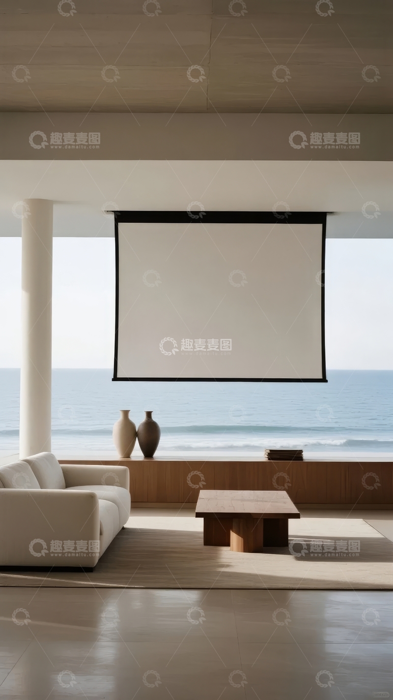 高清大图下载【趣麦麦图】现代室内投影幕布对海景