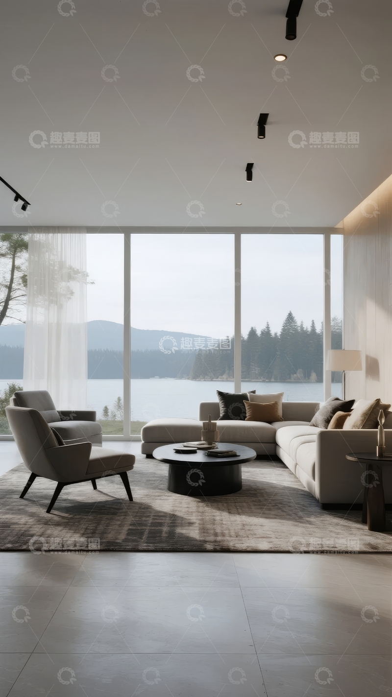 高清大图下载【趣麦麦图】现代客厅设计窗外湖景与山脉景观
