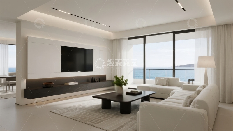 高清大图下载【趣麦麦图】现代简约客厅设计配备大窗户和海景视野