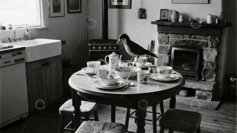 高清大图下载【趣麦麦图】复古厨房中鸟栖息于餐桌旁的宁静场景