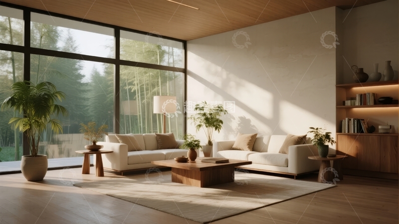 高清大图下载【趣麦麦图】现代简约客厅室内设计大面积玻璃窗景观