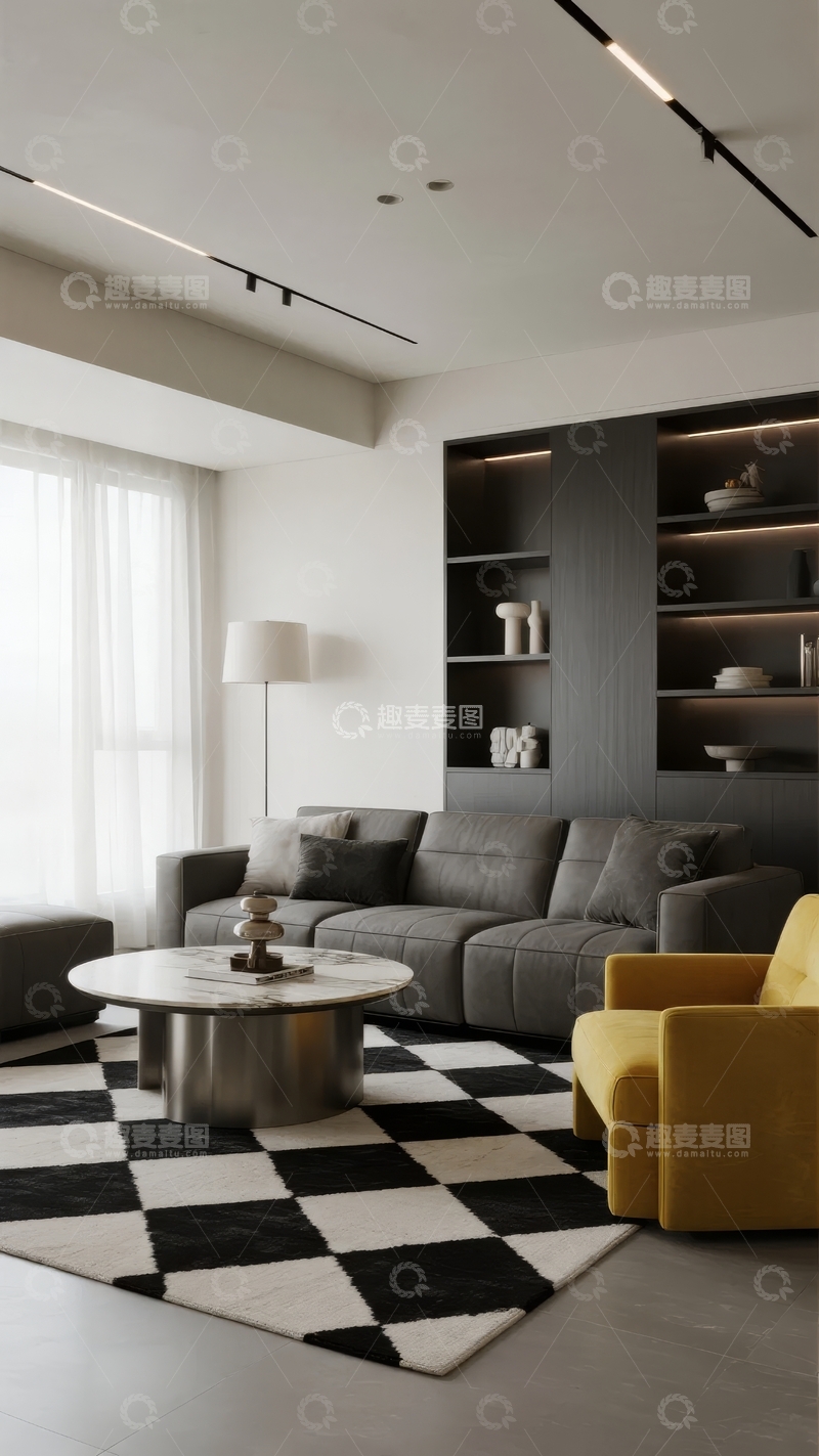 高清大图下载【趣麦麦图】现代简约风格客厅设计包含灰色沙发和黑色置物架