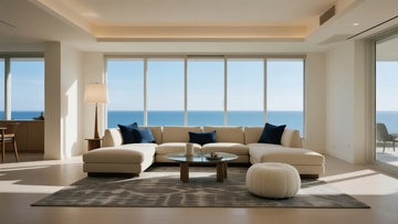 现代客厅拥有大面积落地窗可欣赏海景