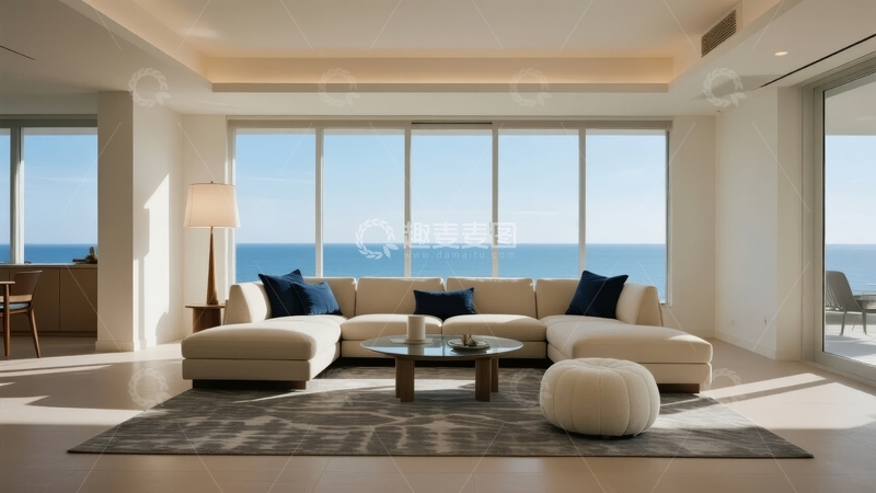 高清大图下载【趣麦麦图】现代客厅拥有大面积落地窗可欣赏海景