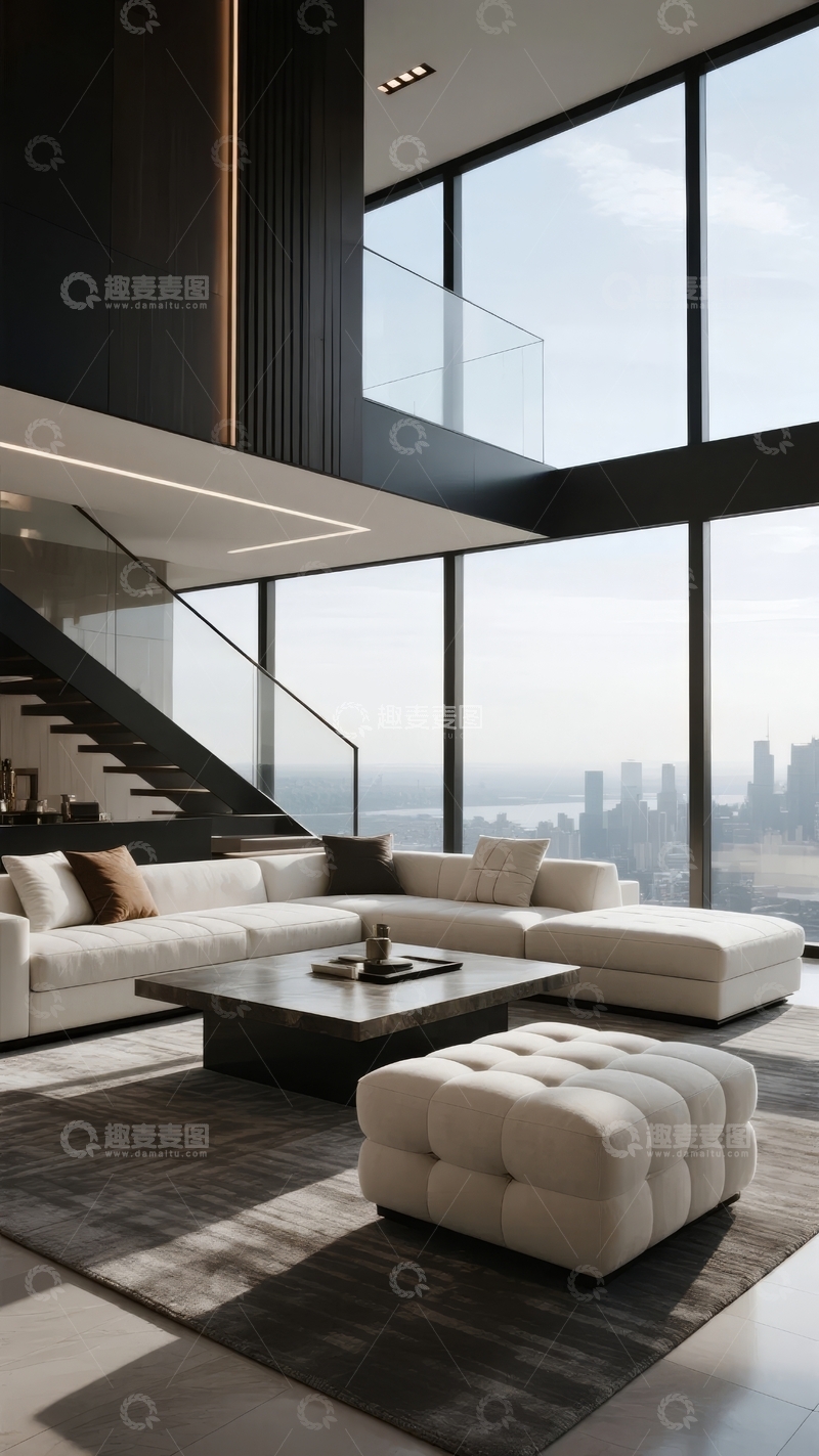 高清大图下载【趣麦麦图】现代豪华客厅拥有高挑天花板和城市全景视野
