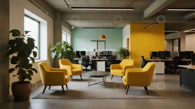 高清大图下载【趣麦麦图】现代办公室休息区摆放黄色沙发和绿植