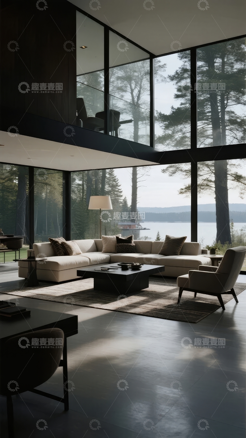高清大图下载【趣麦麦图】现代客厅大面积玻璃窗景观湖景与森林