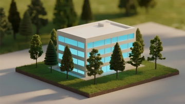 现代建筑模型置于绿树环绕的草坪之上