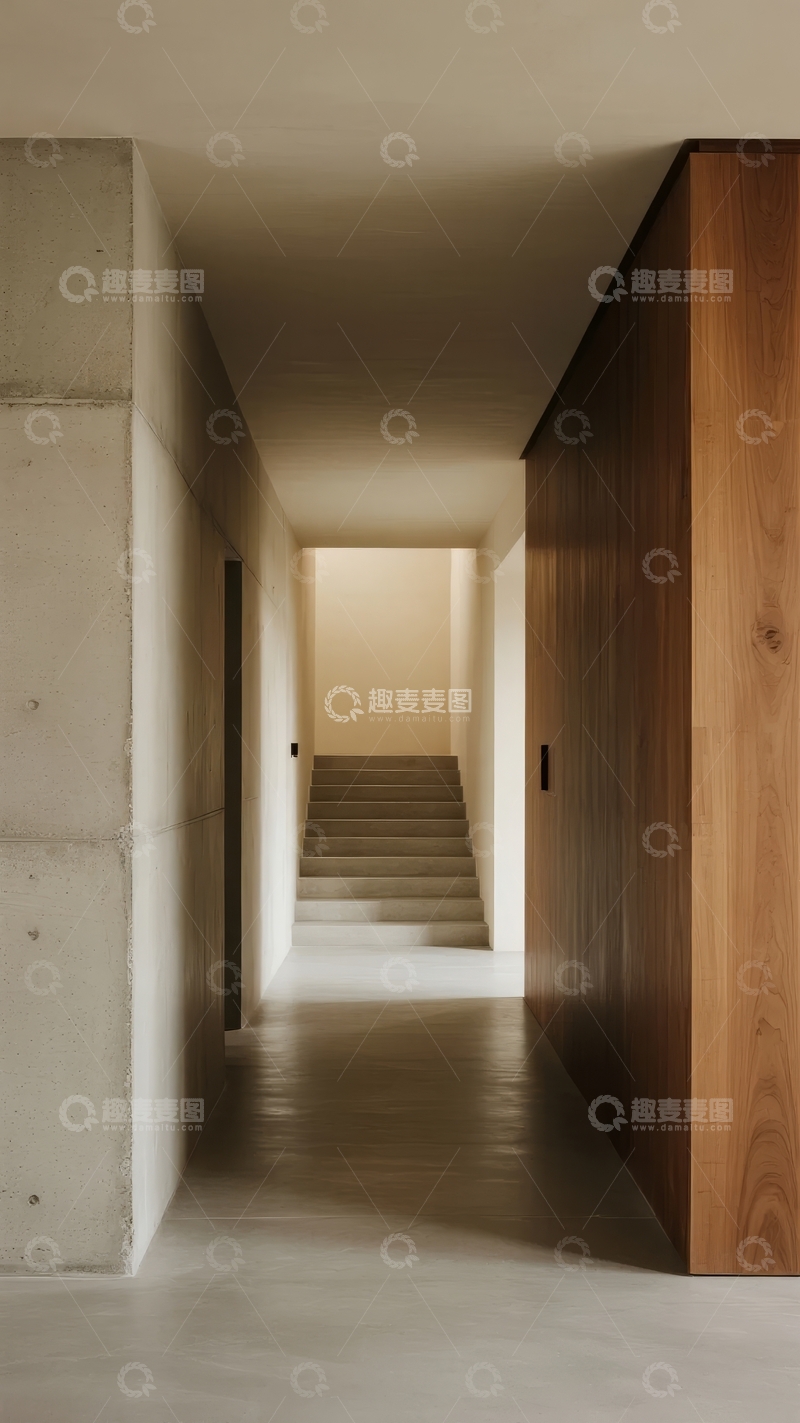 高清大图下载【趣麦麦图】现代简约风格的室内走廊尽头可见楼梯
