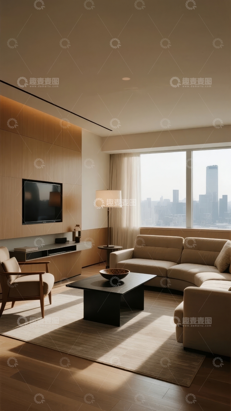 高清大图下载【趣麦麦图】现代简约客厅设计配备大窗户和城市景观