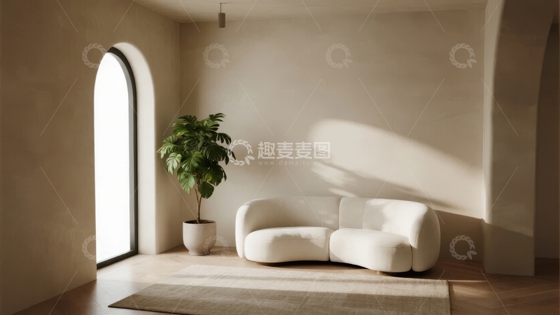 高清大图下载【趣麦麦图】简约现代客厅阳光透过拱窗洒在沙发与绿植旁
