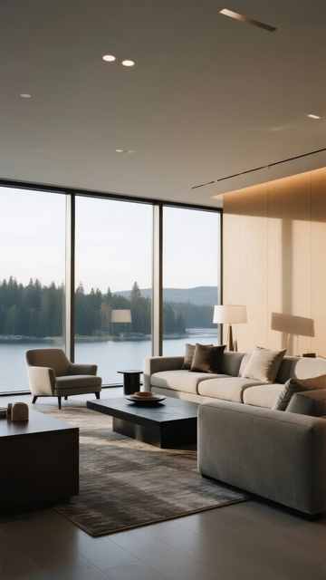 现代客厅拥有大面积落地窗可欣赏湖景和森林
