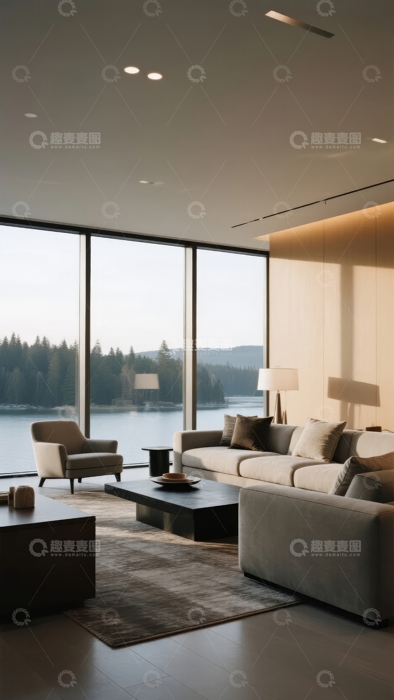 高清大图下载【趣麦麦图】现代客厅拥有大面积落地窗可欣赏湖景和森林