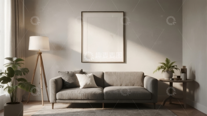 高清大图下载【趣麦麦图】现代简约风格客厅沙发墙挂画与绿植装饰