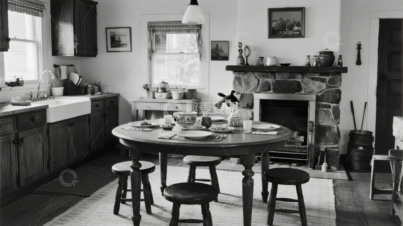高清大图下载【趣麦麦图】复古风格厨房内景摆放着餐桌和石砌壁炉