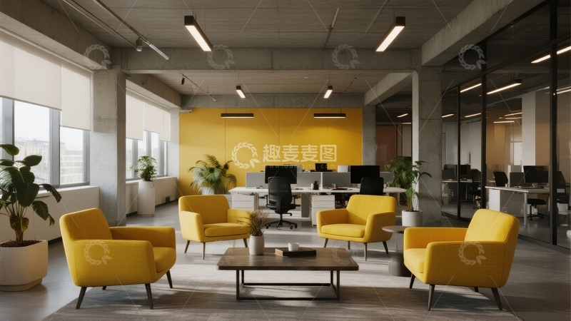 现代办公室休息区黄色沙发与办公桌组合