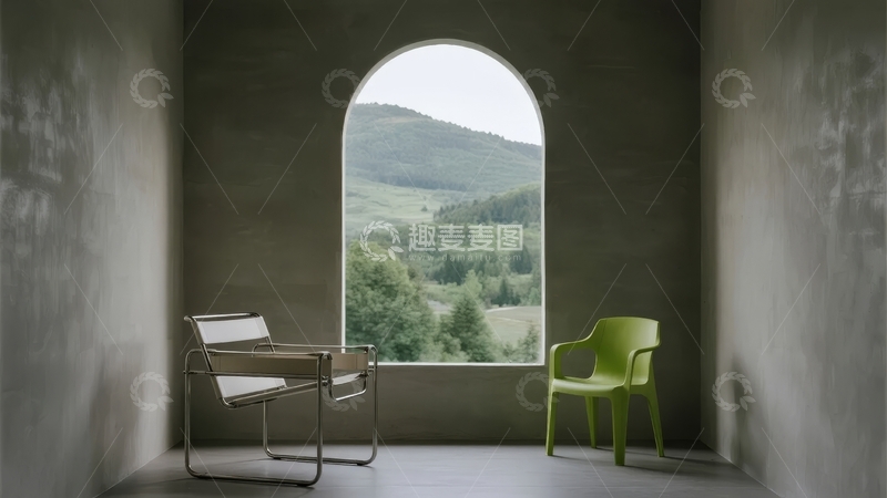 高清大图下载【趣麦麦图】简约室内空间拱形窗外绿意盎然