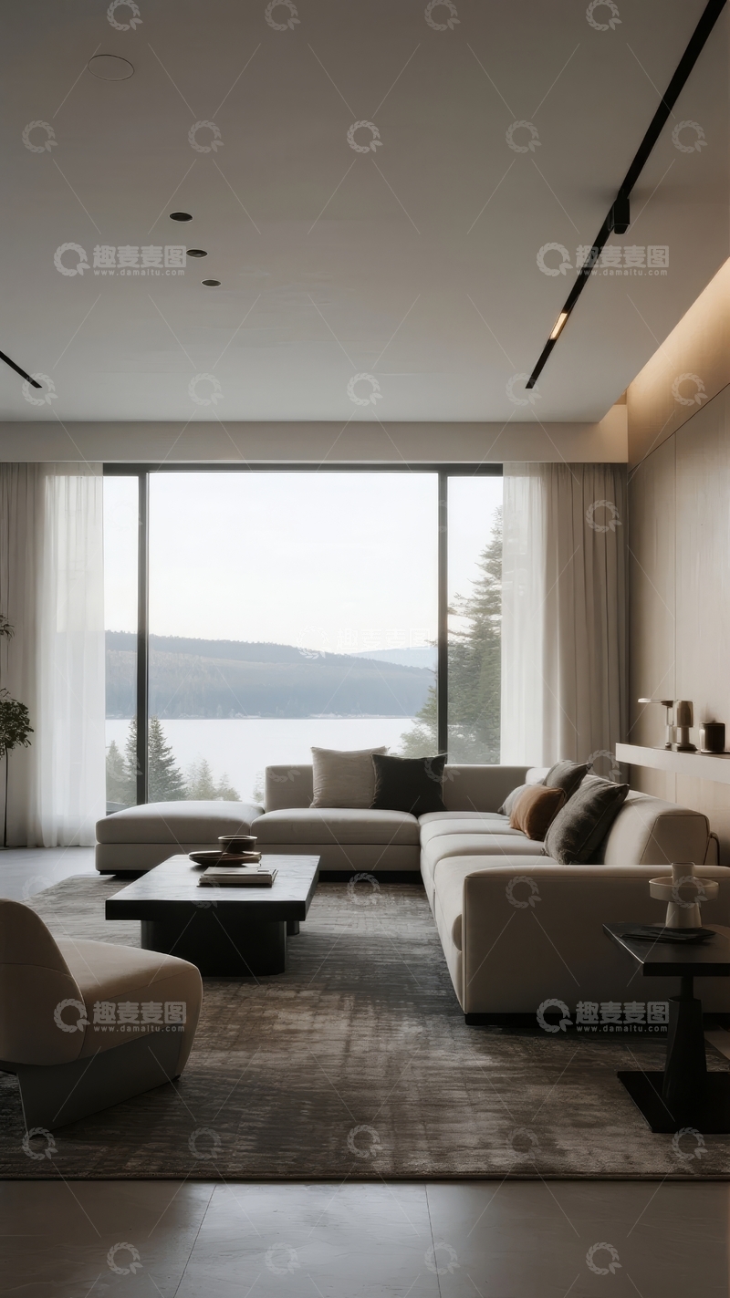 高清大图下载【趣麦麦图】现代客厅拥有大面积落地窗可欣赏湖景