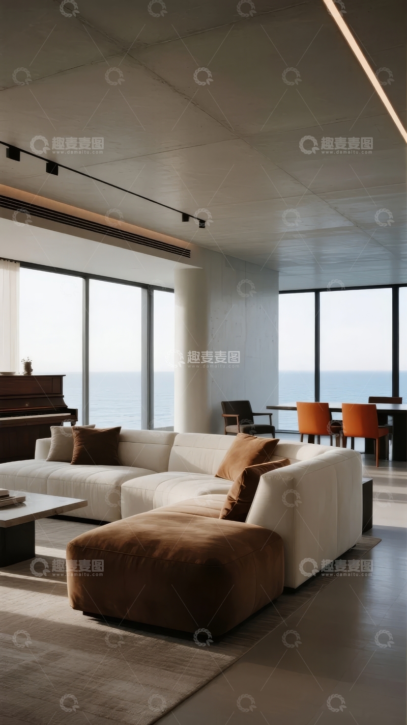 高清大图下载【趣麦麦图】现代客厅与餐厅相连海景视野开阔