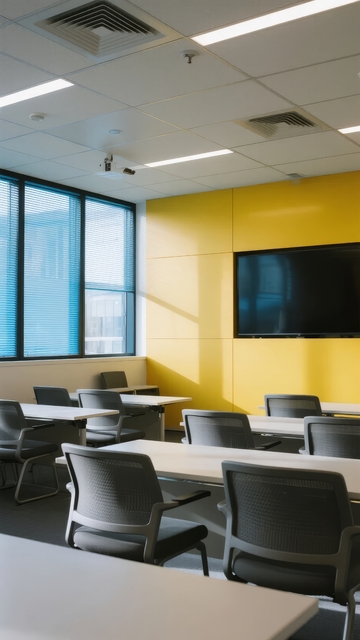 现代会议室配备黄色墙面和大屏幕电视