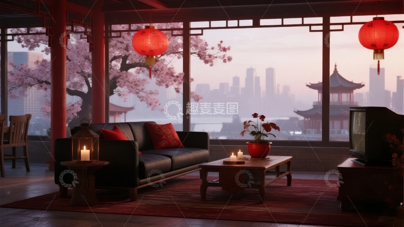 高清大图下载【趣麦麦图】中式风格客厅窗外城市景观与樱花装饰