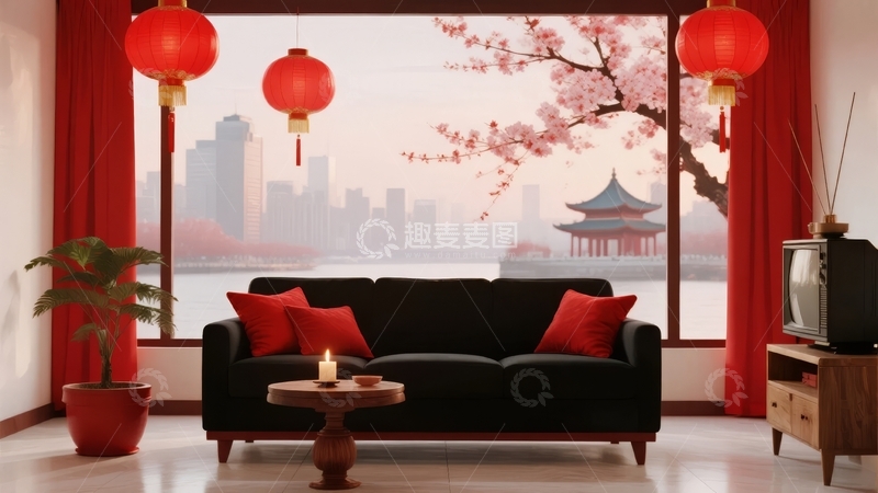 高清大图下载【趣麦麦图】中式风格客厅窗外樱花与城市景观