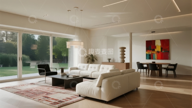 高清大图下载【趣麦麦图】现代简约风格客厅与餐厅相连的宽敞室内空间