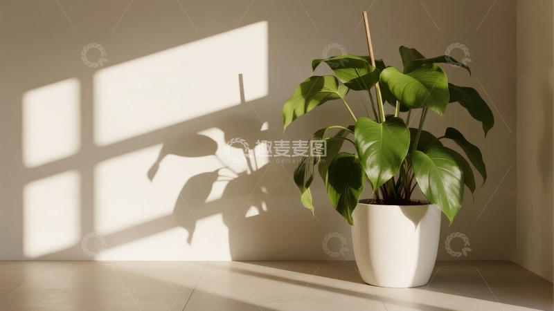 高清大图下载【趣麦麦图】室内绿植在阳光下投射出窗格阴影的静谧场景