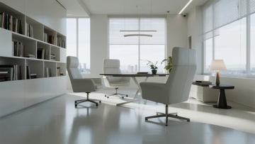 现代简约风格办公室内景配有白色办公椅和书架